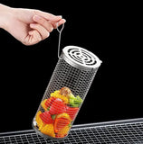2 Pack Stainless Steel Rolling Grill Baskets with Hooks and Forks for Vegetables, Seafood, Camping and Home BBQ, Silver, 31 cm and 21 cm