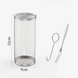 2 Pack Stainless Steel Rolling Grill Baskets with Hooks and Forks for Vegetables, Seafood, Camping and Home BBQ, Silver, 31 cm and 21 cm