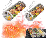 2 Pack Stainless Steel Rolling Grill Baskets with Hooks and Forks for Vegetables, Seafood, Camping and Home BBQ, Silver, 31 cm and 21 cm