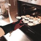 Heat Resistant Five Finger Grill Gloves with Cotton Lining and Non-Slip Grip for BBQ, Ovens and Outdoor Cooking, Black and Red
