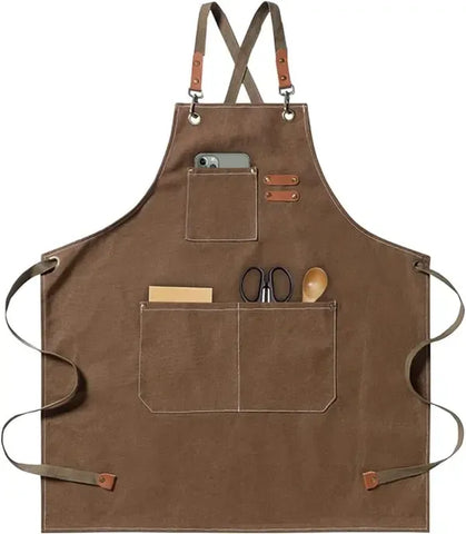 Grill Apron With Adjustable Cross Back Strap and 3 Pockets for Men and Women Cooking Baking Restaurant Gardening Brown