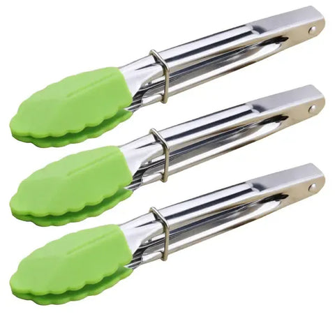 3 Piece Mini Silicone Cooking Tongs Set with Stainless Steel Handles for BBQ, Salads, Grilling, Frying and Serving, Green, 18 cm