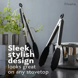 Stainless Steel Kitchen Tongs with Silicone Tips, Locking Non-Stick Cooking Tongs for BBQ, Salads, Grilling and Serving, 23 cm and 30 cm