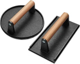 Heavy Duty Cast Iron Smash Burger Press Set with Ergonomic Wooden Handle and Ribbed Base for BBQ Griddles and Home Cooking