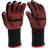 Heat Resistant Aramid Grill Gloves with Silicone Non-Slip Grip for BBQ, Ovens, Cooking and Fireplaces, Black and Red