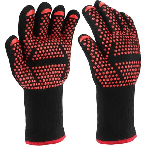 Heat Resistant Aramid Grill Gloves with Silicone Non-Slip Grip for BBQ, Ovens, Cooking and Fireplaces, Black and Red