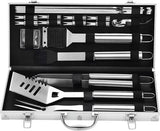 20 Piece Stainless Steel BBQ Grill Tool Set with Spatula, Tongs, Fork and Aluminium Case for Camping, Picnics and Outdoor Cooking