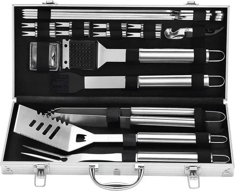 20 Piece Stainless Steel BBQ Grill Tool Set with Spatula, Tongs, Fork and Aluminium Case for Camping, Picnics and Outdoor Cooking