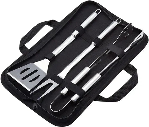 3 Piece Stainless Steel BBQ Grill Tool Set with Spatula, Fork, Tongs and Carrying Bag for Camping and Outdoor Grilling