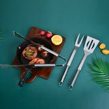 3 Piece Stainless Steel BBQ Grill Tool Set with Spatula, Fork, Tongs and Carrying Bag for Camping and Outdoor Grilling