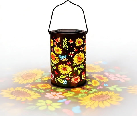Solar Powered Sunflower Pattern Garden Lantern with Colourful LED Projection, Metal Hanging Light for Patios, Paths and Outdoor Decor