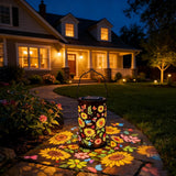 Solar Powered Sunflower Pattern Garden Lantern with Colourful LED Projection, Metal Hanging Light for Patios, Paths and Outdoor Decor
