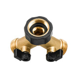 Brass Garden Hose Y Splitter with 2 Shut-Off Valves, 3/4 Inch Threaded Dual Outlet Tap Connector for Watering and Car Washing