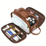 Large PU Leather Toiletry Bag with Dual Zip Compartments and Carry Handle for Travel, Cosmetics and Grooming, Brown, 26 x 15 x 16 cm In Australia - Darrahopens