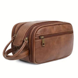 Large PU Leather Toiletry Bag with Dual Zip Compartments and Carry Handle for Travel, Cosmetics and Grooming, Brown, 26 x 15 x 16 cm In Australia - Darrahopens
