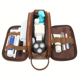 Large PU Leather Toiletry Bag with Dual Zip Compartments and Carry Handle for Travel, Cosmetics and Grooming, Brown, 26 x 15 x 16 cm In Australia - Darrahopens
