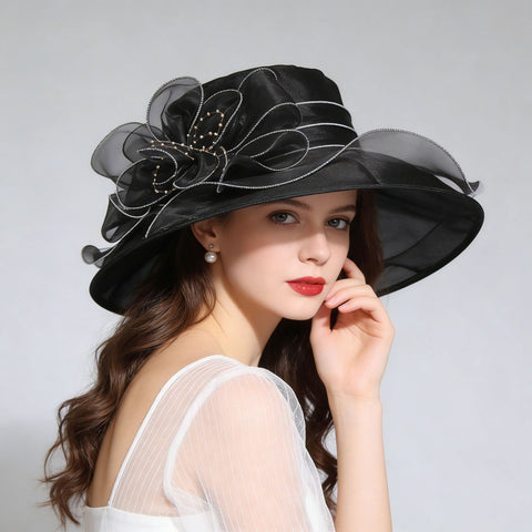 Women's Foldable Organza Wide Brim Sun Hat with Breathable Mesh Design for Beach, Travel and Garden Wear, Black, 56-58 cm