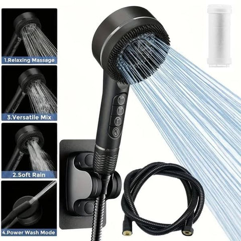 High Pressure Shower Head with 1.5 m Hose and Bracket, Piano Key Spray Control, Durable ABS Plastic, Black Finish