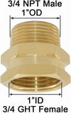Brass Pipe Fittings Adapter, 3/4 Inch Female GHT to Male NPT Thread for Garden Hose and Plumbing, 4 Pack, Brass Construction