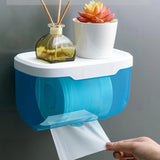 Enclosed Toilet Paper Holder with Cover, Wall Mounted Clear Plastic Roll Protector for Cats, Bathroom Organizer, Blue