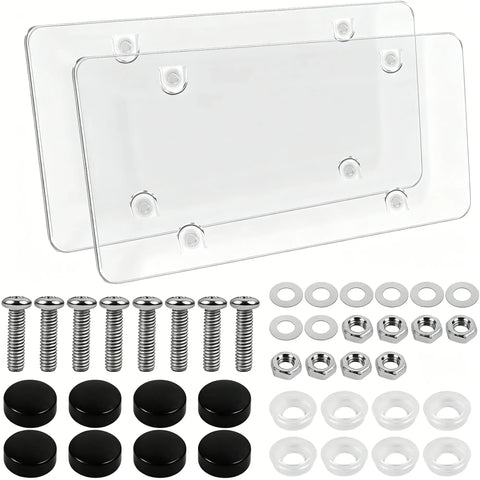 2 Pieces Clear License Plate Covers Flat Vehicle Tag Frame Protector with Screws and Caps Universal for Sedan, SUV, RV, 12.2 x 6.3 Inches, Transparent