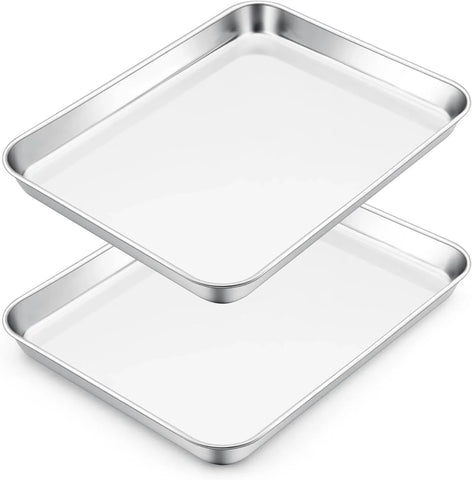 Stainless Steel Toaster Oven Trays, 2 Pack Small Non Toxic Baking Cookie Sheets for Cake Baking, Dishwasher Safe, 10.5"x8.3" Size