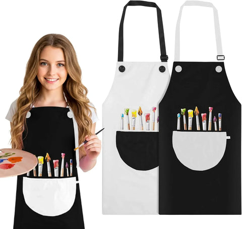 2 Pcs Kids Art Aprons, Adjustable Waterproof Bib Aprons with Large Pockets for Boys Girls Painting Cooking Gardening, Black White In Australia - Darrahopens