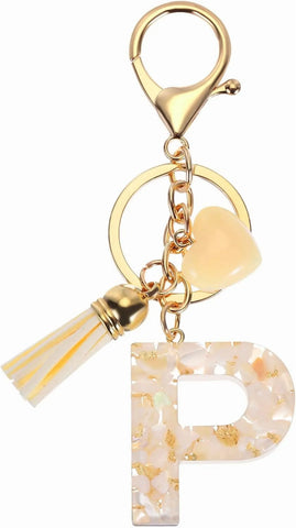 Initial P Letter Keychain, Resin Alphabet Key Ring with Tassel and Lobster Clasp for Bags Keys Purse, Gold White In Australia - Darrahopens