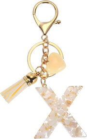 Letter X Keychain Charm with Tassel and Bead, Gold Tone Initial Bag Pendant for Keys and Handbags, Cream White In Australia - Darrahopens