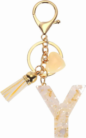 Initial Letter Keychain with Tassel and Lobster Clasp for Bags Keys and Gifts, Y, Cream and Gold, Letter Y Option In Australia - Darrahopens