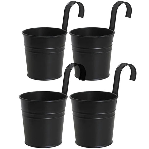 Metal Railing Planter Pots, 4 Pack Hanging Flower Buckets for Balcony Garden Fence Decor, Black, 4 Inch, for Garden Yard and Outdoor Use
