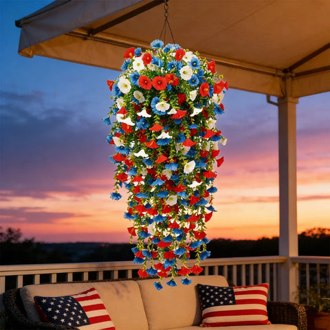 4th of July Hanging Flowers, Artificial Red White and Blue Morning Glory Basket for Patio, Porch and Outdoor Decor In Australia - Darrahopens