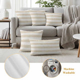 Vintage Linen Outdoor Pillow Covers 24"x24" Set of 2, Striped Theme Farmhouse Waterproof Throw Pillow Covers for Patio Furniture, Beige