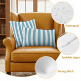Aqua Striped Outdoor Pillow Covers, Waterproof Decorative Throw Pillowcases Set of 2 for Patio Sofa Furniture and Porch, Blue and White
