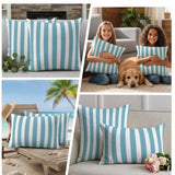 Aqua Striped Outdoor Pillow Covers, Waterproof Decorative Throw Pillowcases Set of 2 for Patio Sofa Furniture and Porch, Blue and White