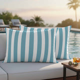 Aqua Striped Outdoor Pillow Covers, Waterproof Decorative Throw Pillowcases Set of 2 for Patio Sofa Furniture and Porch, Blue and White