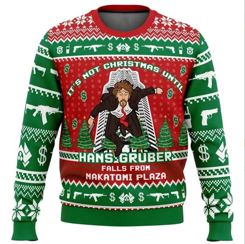 Men's Hans Gruber Nakatomi Plaza Ugly Christmas Sweatshirt, Long Sleeve Graphic Pullover for Holiday Parties and Winter Wear, Size S