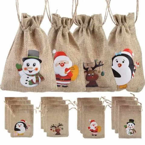 12 Pack Jute Drawstring Gift Bags, Small Burlap Candy and Treat Sacks for Christmas Gifts, Cookies, Party Favors and Holiday Packaging