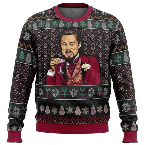 Men's Funny Leo DiCaprio Meme Ugly Christmas Sweatshirt, Long Sleeve Graphic Pullover for Holiday Parties and Winter Wear, Size S
