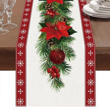 Set of 2 rustic-style red Christmas table runners featuring snowflake and poinsettia patterns, measuring 33 x 183 cm