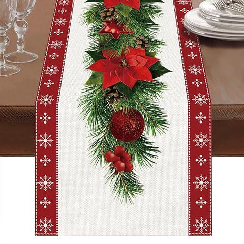 Set of 2 rustic-style red Christmas table runners featuring snowflake and poinsettia patterns, measuring 33 x 183 cm