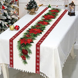 Set of 2 rustic-style red Christmas table runners featuring snowflake and poinsettia patterns, measuring 33 x 183 cm