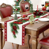 Set of 2 rustic-style red Christmas table runners featuring snowflake and poinsettia patterns, measuring 33 x 183 cm