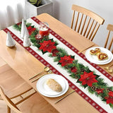 Set of 2 rustic-style red Christmas table runners featuring snowflake and poinsettia patterns, measuring 33 x 183 cm