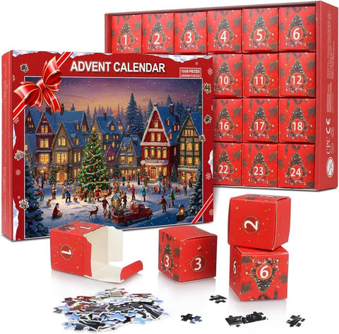 1008 Pieces Advent Calendar Jigsaw Puzzle with 24 Numbered Boxes, Christmas Village Design for Adults and Children, Red, 52 x 75 cm In Australia - Darrahopens