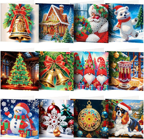 12 Pieces Diamond Painting Christmas Cards, including envelopes, Round stones, for Festive Home Decor and Holiday Gifting
