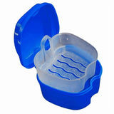 Denture Bath Case Cup Box Holder Storage Container with Denture Cleaner Brush Strainer Basket for Travel Cleaning Blue