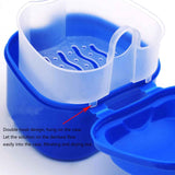 Denture Bath Case Cup Box Holder Storage Container with Denture Cleaner Brush Strainer Basket for Travel Cleaning Blue