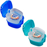Denture Bath Case Cup Box Holder Storage Container with Denture Cleaner Brush Strainer Basket for Travel Cleaning White