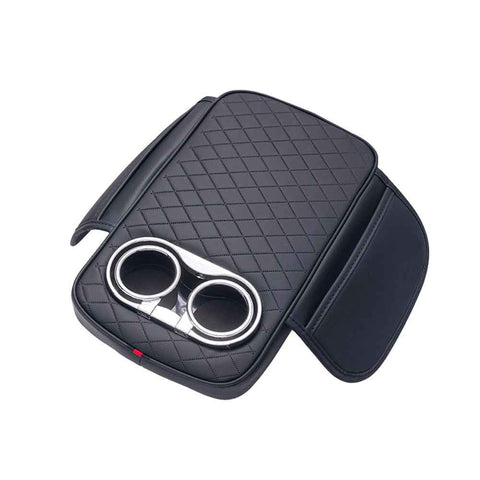 Car Armrest Cushion With 2 Cup Holder And Side Pocket Pu Leather Black